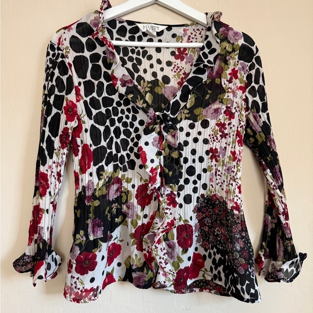 VTG Allison Taylor Y2K Polka Dot Floral Mixed Print Ruffle Blouse Top Button Med